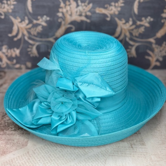 Giovannio NY Turquoise Kentucky Derby Hat Wide Brim Floral Church main image 8